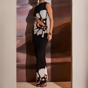 Vestido Longo Casual Preto Estampado com Recorte Lateral
