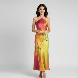 Vestido Longo Cetim Estampado Aquarela Elegante