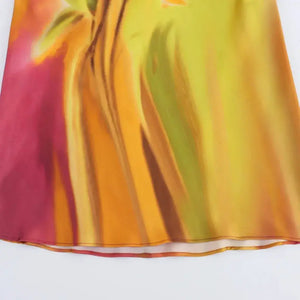 Vestido Longo Cetim Estampado Aquarela Elegante