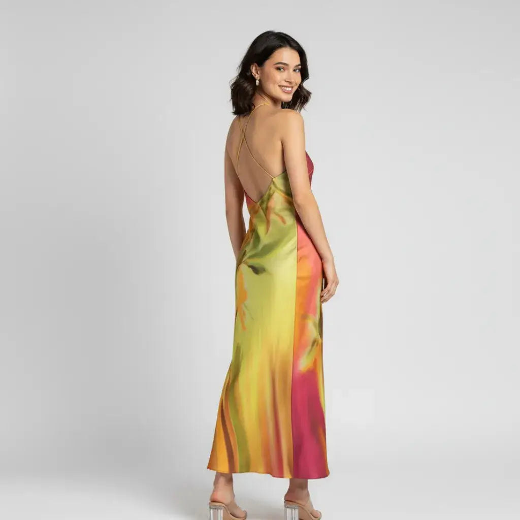 Vestido Longo Cetim Estampado Aquarela Elegante