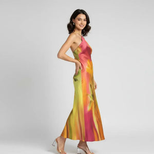 Vestido Longo Cetim Estampado Aquarela Elegante