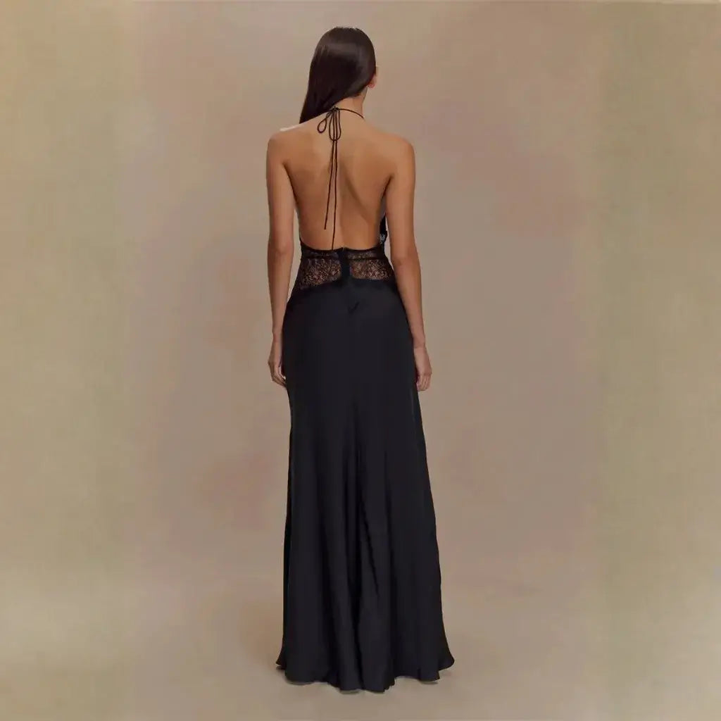 Vestido Longo Decote Profundo Renda Cintura Elegante