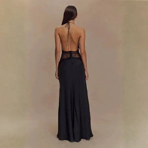 Vestido Longo Decote Profundo Renda Cintura Elegante