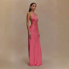 Vestido Longo Decote Profundo Renda Cintura Elegante