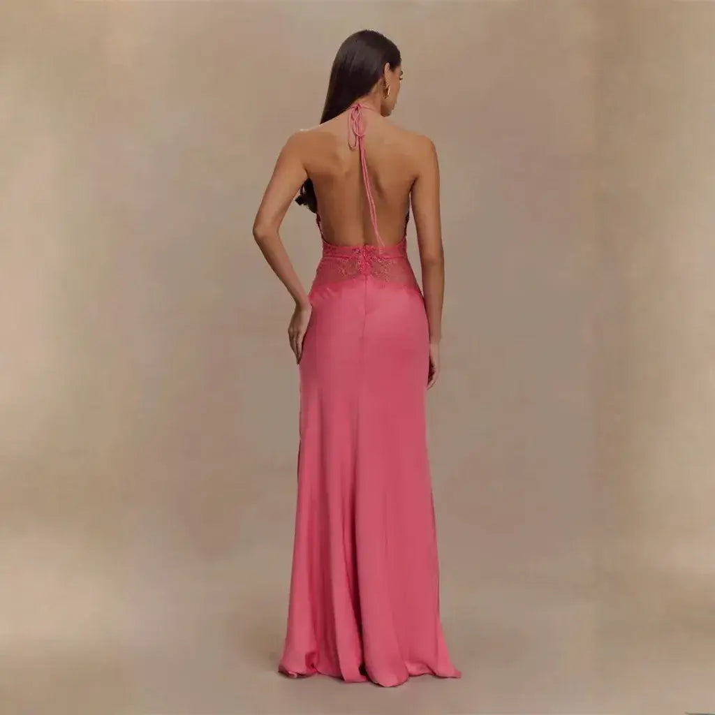 Vestido Longo Decote Profundo Renda Cintura Elegante