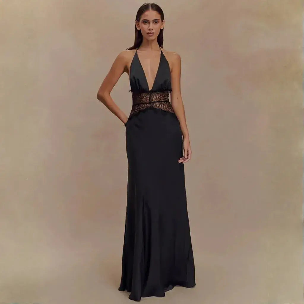 Vestido Longo Decote Profundo Renda Cintura Elegante