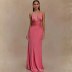 Vestido Longo Decote Profundo Renda Cintura Elegante