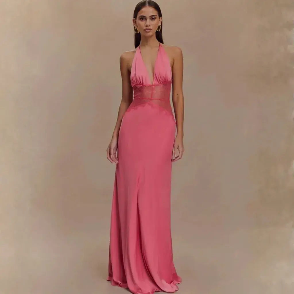 Vestido Longo Decote Profundo Renda Cintura Elegante