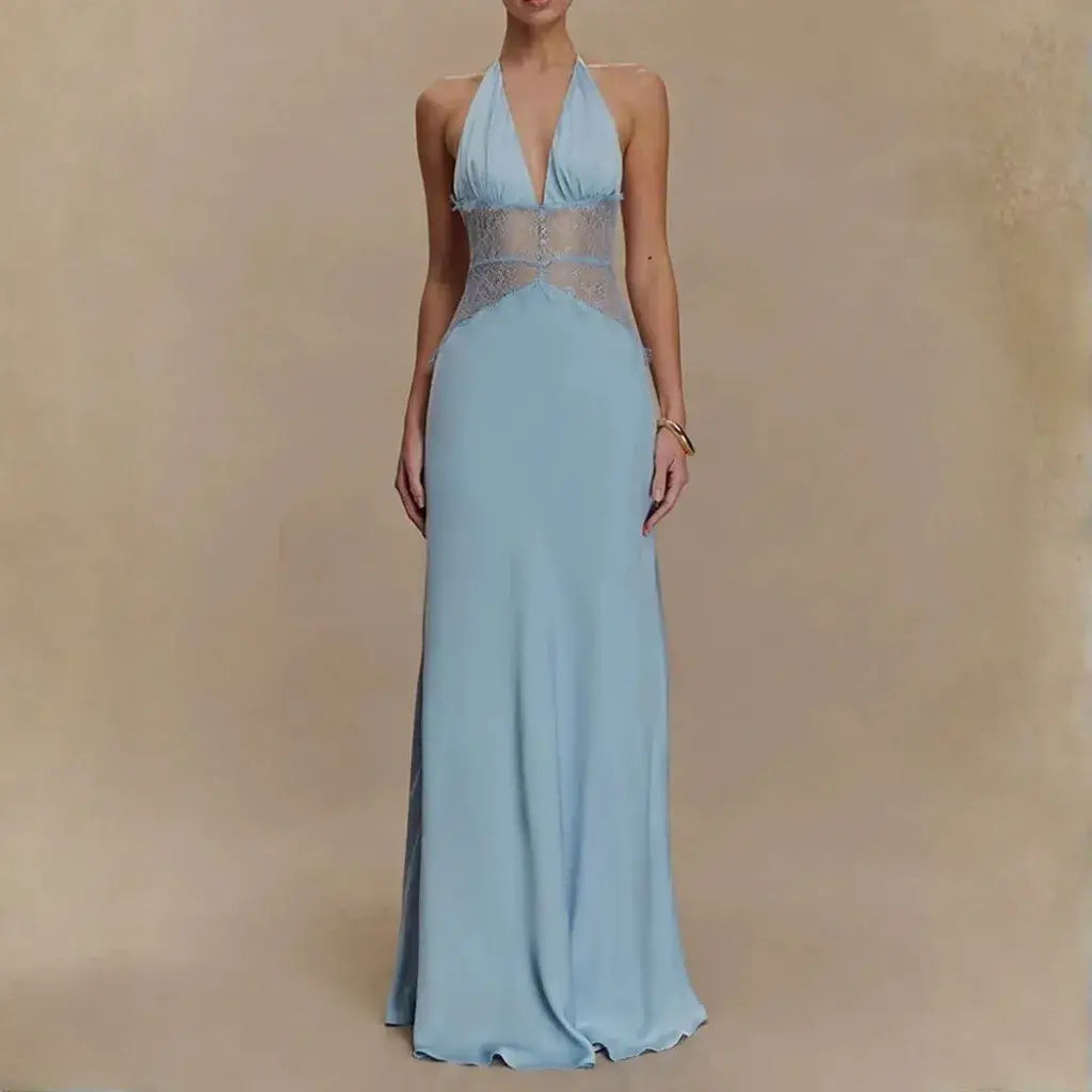 Vestido Longo Decote Profundo Renda Cintura Elegante