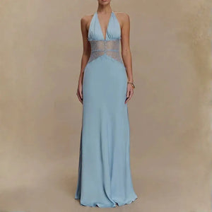 Vestido Longo Decote Profundo Renda Cintura Elegante