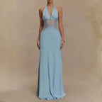 Vestido Longo Decote Profundo Renda Cintura Elegante