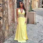 Vestido Longo Decote Profundo Renda Cintura Elegante