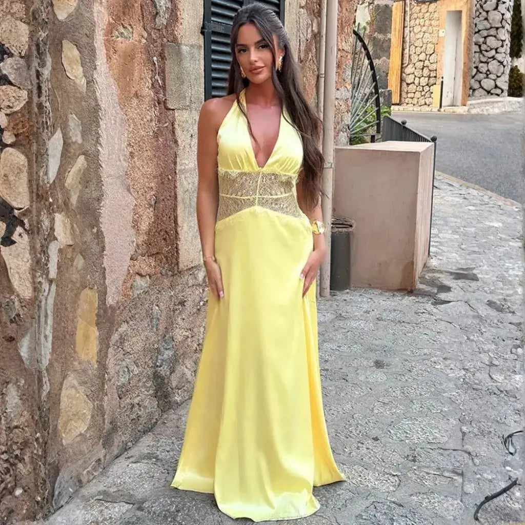 Vestido Longo Decote Profundo Renda Cintura Elegante