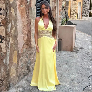 Vestido Longo Decote Profundo Renda Cintura Elegante