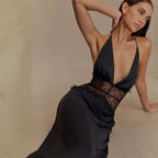 Vestido Longo Decote Profundo Renda Cintura Elegante