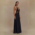 Vestido Longo Decote Profundo Renda Cintura Elegante