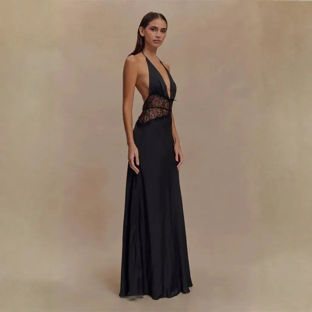 Vestido Longo Decote Profundo Renda Cintura Elegante