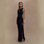 Vestido Longo Elegante Drapeado com Fenda Sofisticada