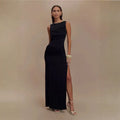 Vestido Longo Elegante Drapeado com Fenda Sofisticada