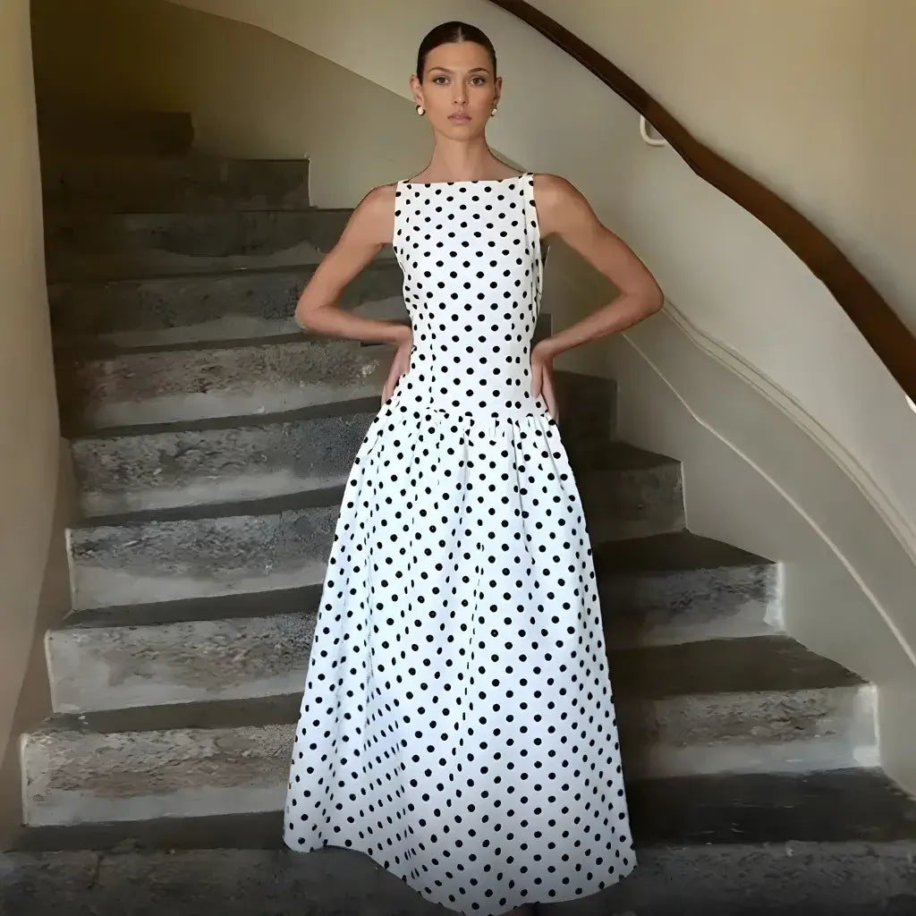 Vestido Longo Poá Acinturado Preto e Branco Elegante