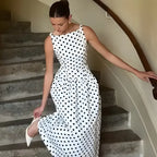 Vestido Longo Poá Acinturado Preto e Branco Elegante