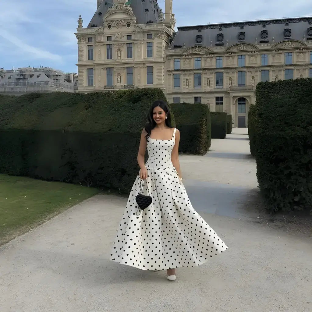 Vestido Longo Poá Acinturado Preto e Branco Elegante