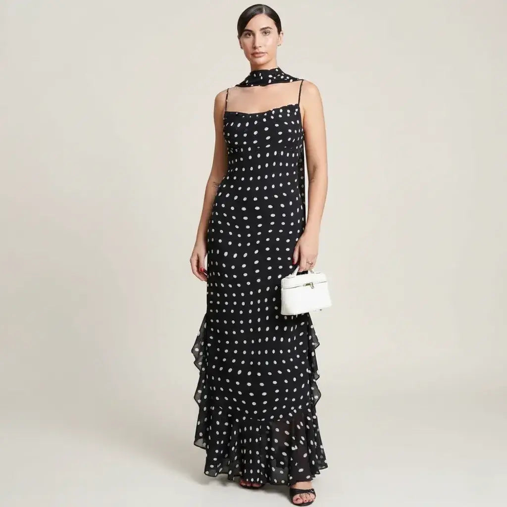 Vestido Longo Poá Feminino Elegante Preto e Branco