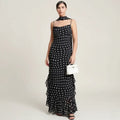 Vestido Longo Poá Feminino Elegante Preto e Branco