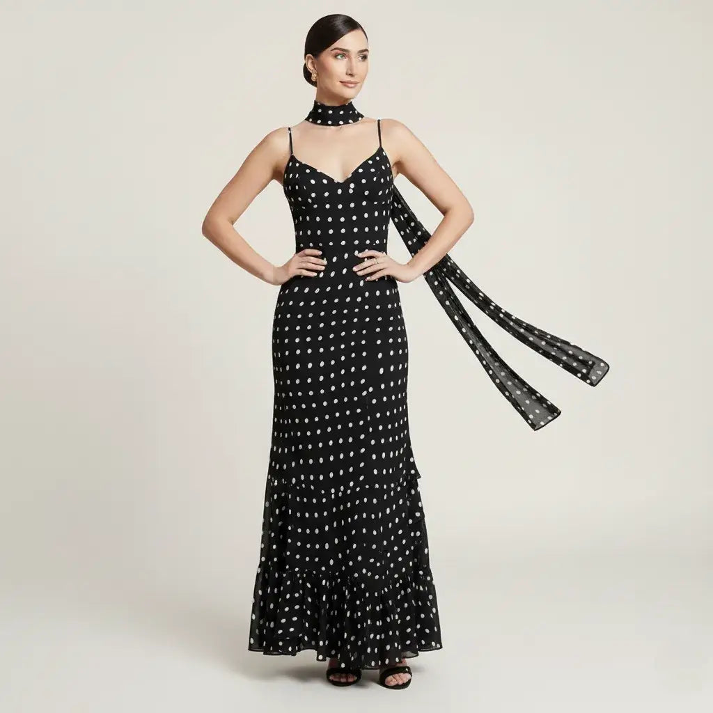 Vestido Longo Poá Feminino Elegante Preto e Branco