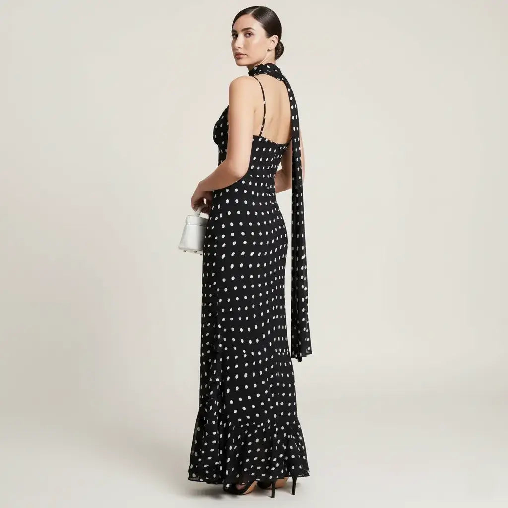 Vestido Longo Poá Feminino Elegante Preto e Branco