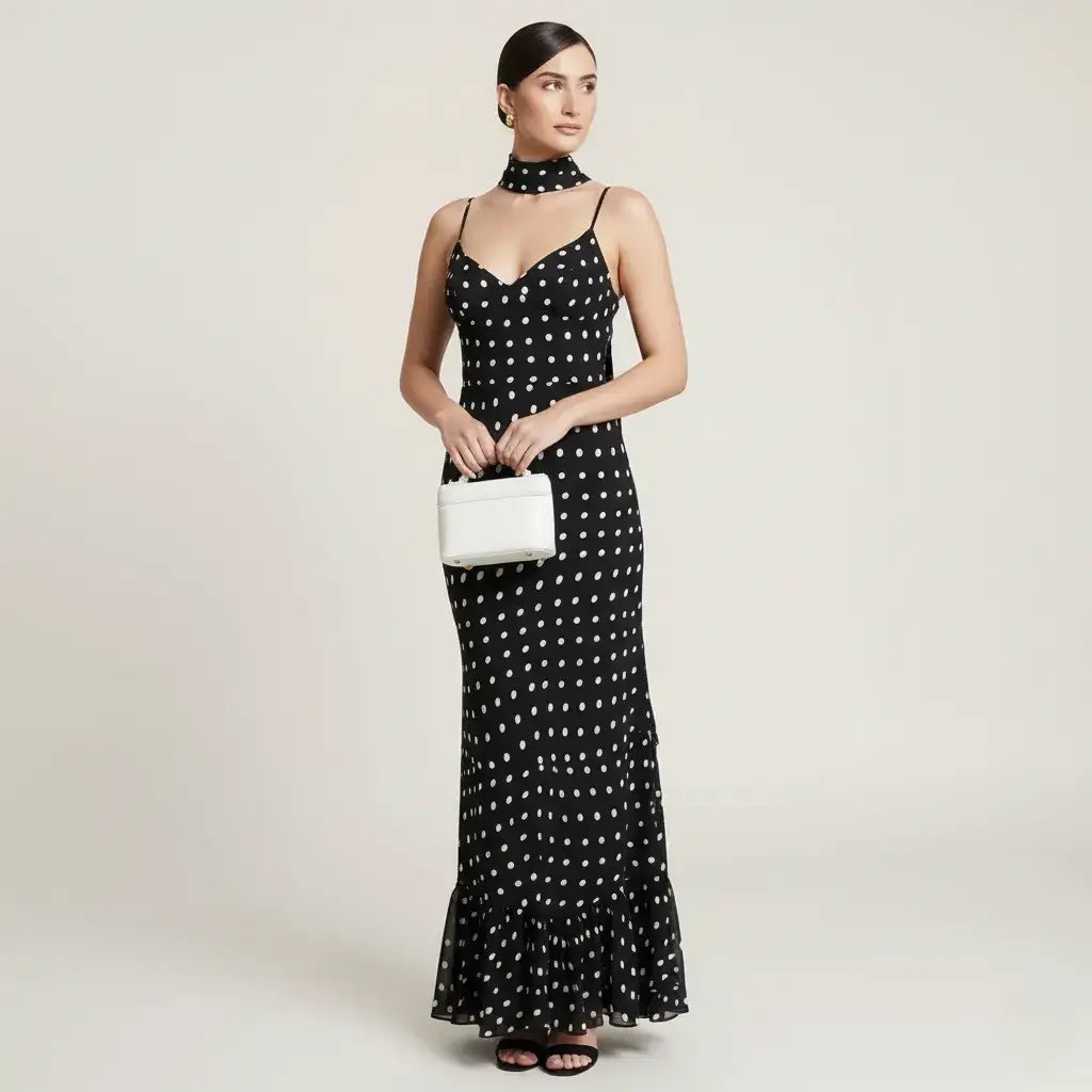 Vestido Longo Poá Feminino Elegante Preto e Branco