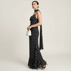 Vestido Longo Poá Feminino Elegante Preto e Branco