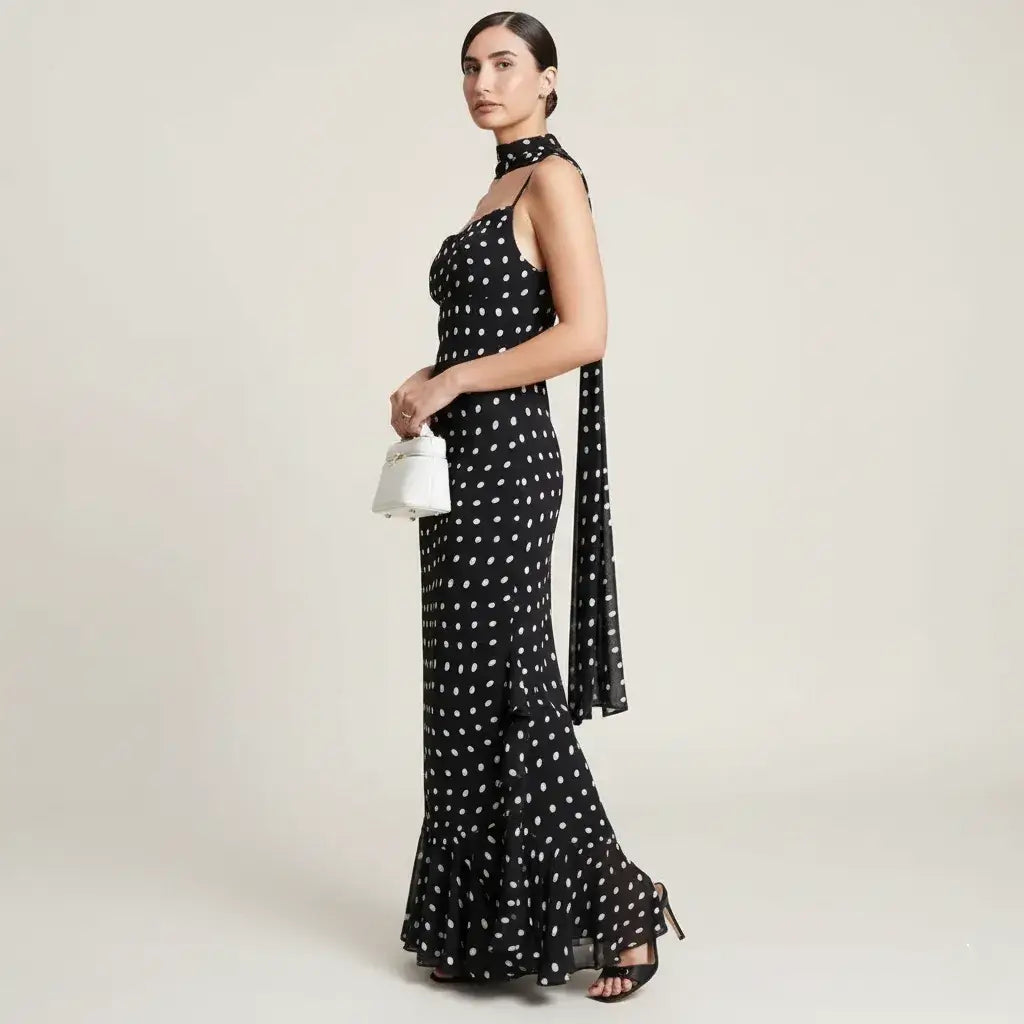 Vestido Longo Poá Feminino Elegante Preto e Branco