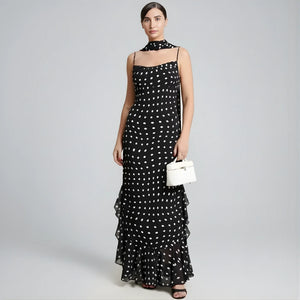 Vestido Longo Poá Feminino Elegante Preto e Branco