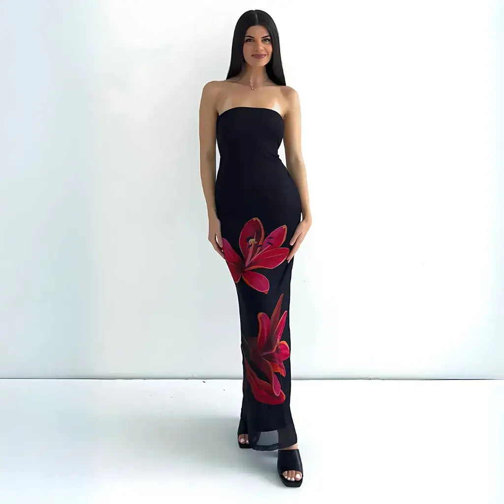 Vestido Longo Tomara que Caia Preto Estampa Floral Vermelha