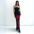 Vestido Longo Tomara que Caia Preto Estampa Floral Vermelha