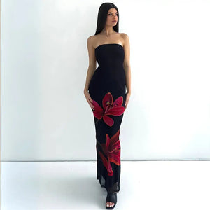 Vestido Longo Tomara que Caia Preto Estampa Floral Vermelha