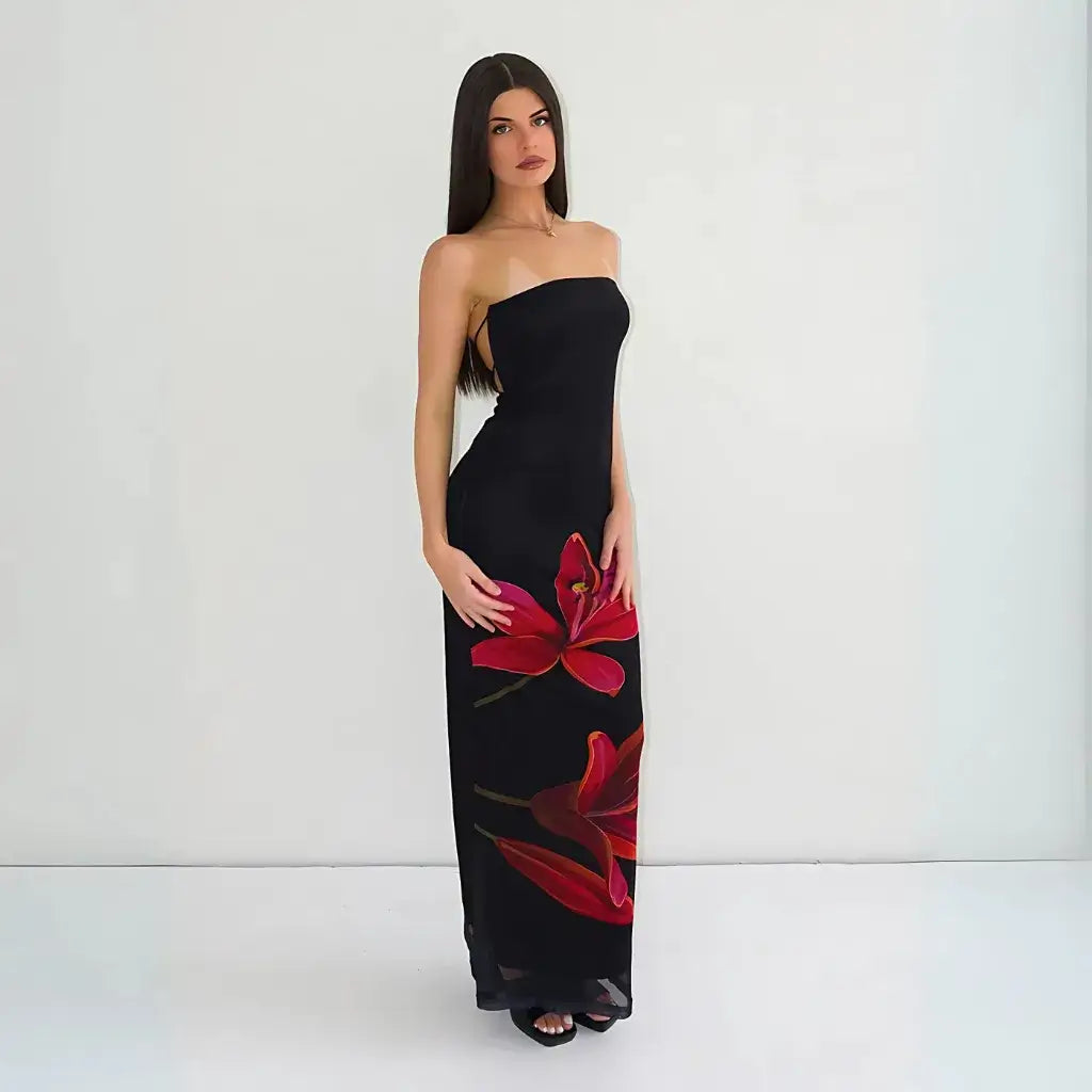 Vestido Longo Tomara que Caia Preto Estampa Floral Vermelha