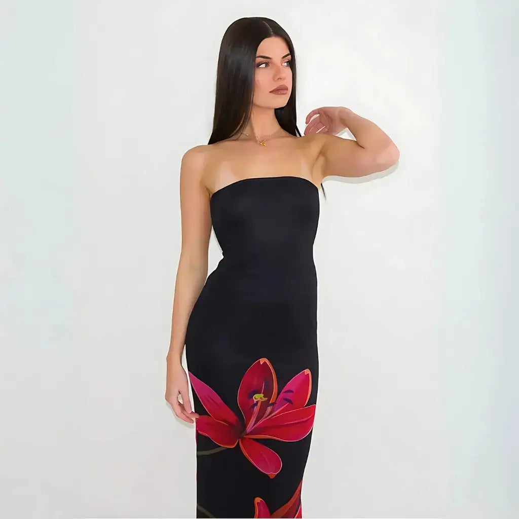 Vestido Longo Tomara que Caia Preto Estampa Floral Vermelha