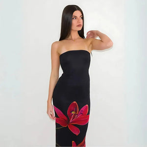 Vestido Longo Tomara que Caia Preto Estampa Floral Vermelha