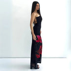 Vestido Longo Tomara que Caia Preto Estampa Floral Vermelha