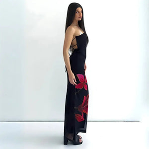 Vestido Longo Tomara que Caia Preto Estampa Floral Vermelha