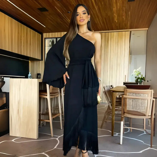 Vestido Longo de Festa com Um Ombro Só e Detalhes em Franjas