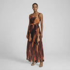 Vestido Longo em Tule Estampado Terracota Elegante