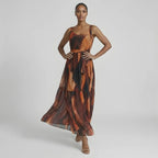 Vestido Longo em Tule Estampado Terracota Elegante