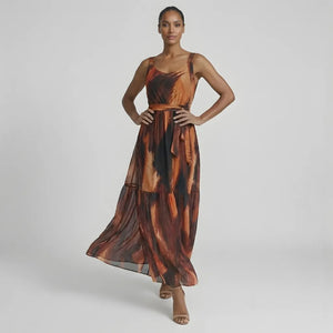 Vestido Longo em Tule Estampado Terracota Elegante