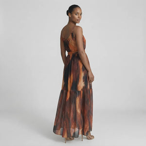 Vestido Longo em Tule Estampado Terracota Elegante