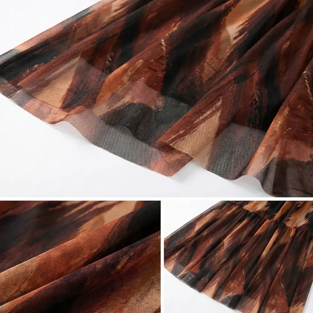 Vestido Longo em Tule Estampado Terracota Elegante