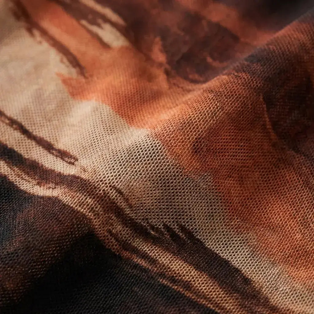 Vestido Longo em Tule Estampado Terracota Elegante