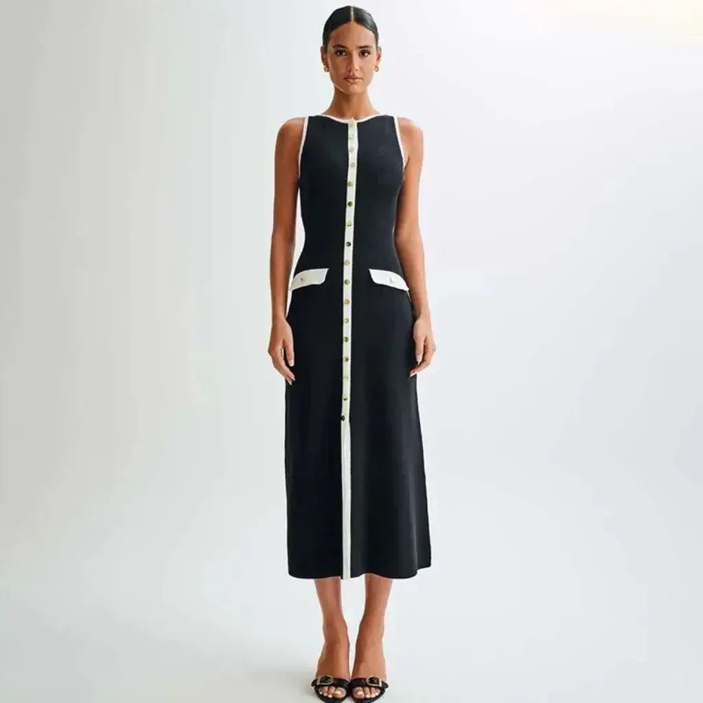 Vestido Midi Preto Elegante Botões Frontais